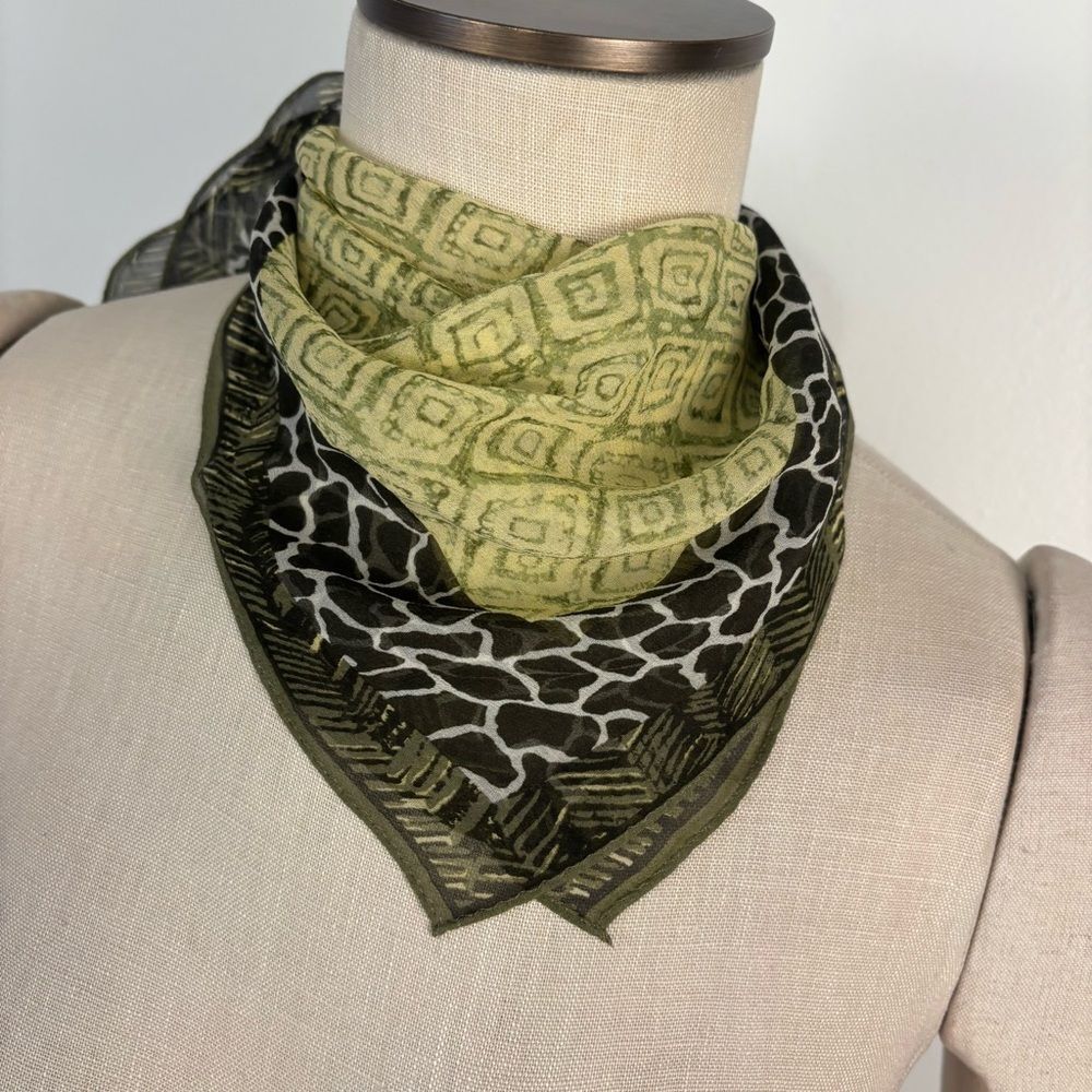 Y2K Square Scarf Sheer Animal & Woodblock Geometric Print Green Mixed Pattern - Picture 3 of 5